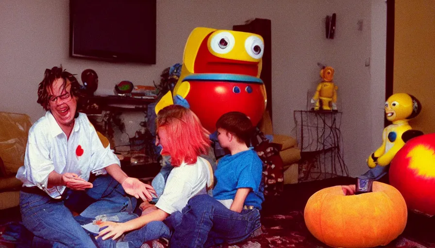 Prompt: 1990s candid 35mm photo of a beautiful day in the living room, cinematic lighting, cinematic look, golden hour, large costumed mascot business fruit people giving spaceship presentations to families, Enormous personified business fruit people with outstandingly happy faces coming out of a portal and talking to families about space and planets, UHD