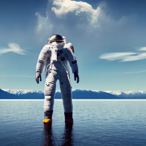 Image similar to ultra-realistic octane render of astronaut standing in the water of Lake Baikal and looking at the mountains. Trending on artstation