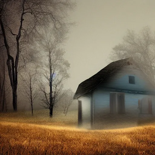 Image similar to a man's shadow near the dilapidated house in the wilderness, fog, digital art
