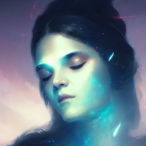 Prompt: a beautiful portrait of a cosmic goddess with closed eyes by Greg Rutkowski and Raymond Swanland, Trending on Artstation, nebula background, ultra realistic digital art