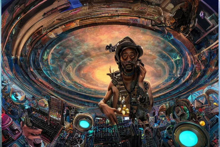 Image similar to a fisheye lens photo of a post apocalyptic tribal cyborg snoop dogg tweaking and playing synthesizers in the most complicated and technical spiral fractal musical studio, powerful, cinematic, beautifully lit, by donato giancola, by artgerm, by karol bak, 3 d, perfect face and body, trending on artstation, octane render, 8 k