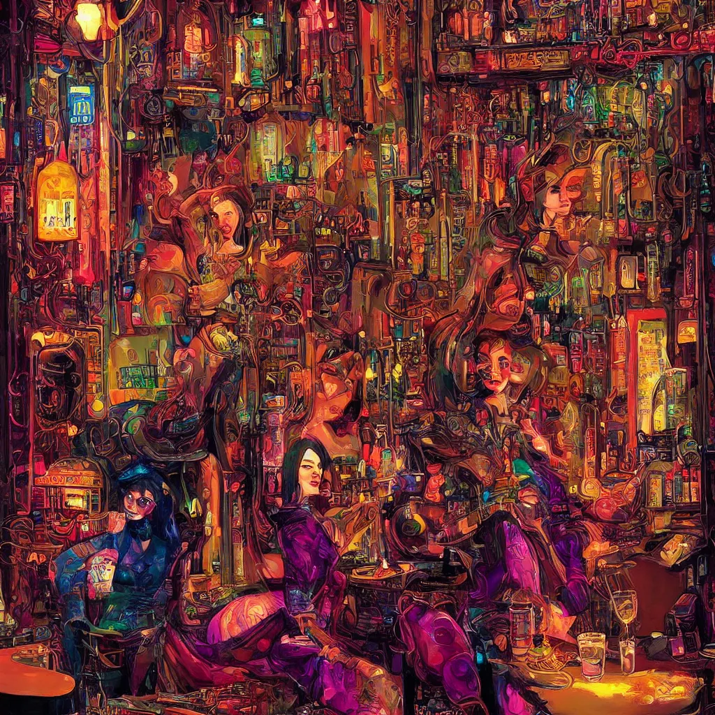 Image similar to beautiful psychedelic digital art of a beautiful cyberpunk lady in a cozy bar by Mad Dog Jones, Norman Rockwell and Ben Erdt