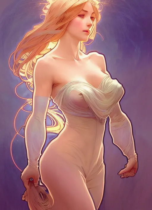 Prompt: digital character concept art by artgerm and greg rutkowski and alphonse mucha. clear portrait of a modern young wife blessed by god to uncontrollably grow overwhelmingly perfect!! blonde, worksafe! feminine well - formed holy body!! light effect. hyper detailed, glowing lights!! intricate, elegant, digital painting, artstation, smooth, sharp focus