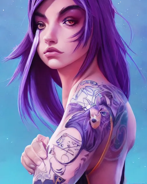 Image similar to beautiful ana da armas purple hair tattoos symmetrical face stunning eyes full length fantasy art icon, 2d art cover , official fanart behance hd artstation by Jesper Ejsing, by RHADS, Makoto Shinkai and Lois van baarle, ilya kuvshinov, rossdraws