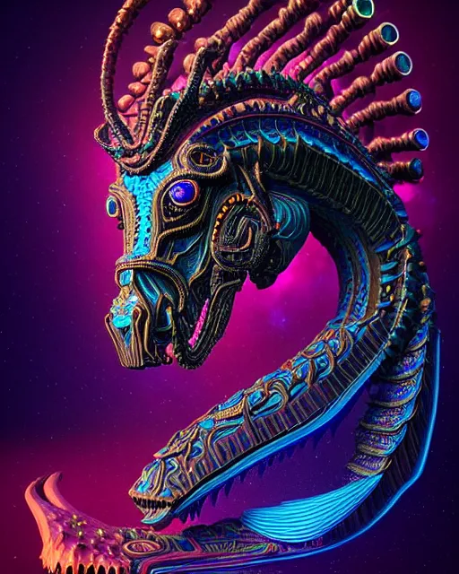 Image similar to 3 d ornate carved dark cosmic horse with profile portrait, sigma 5 0 0 mm f / 5. beautiful intricate highly detailed quetzalcoatl skull. bioluminescent, plasma, lava, ice, water, wind, creature, thunderstorm! artwork by tooth wu and wlop and beeple and greg rutkowski, 8 k trending on artstation