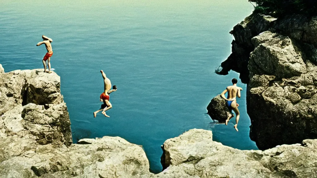 Image similar to a man cliff jumping into waters that are actually a portal to another dimension, film still from the movie directed by Wes Anderson and Jacques Tati with art direction by Salvador Dalí, wide lens