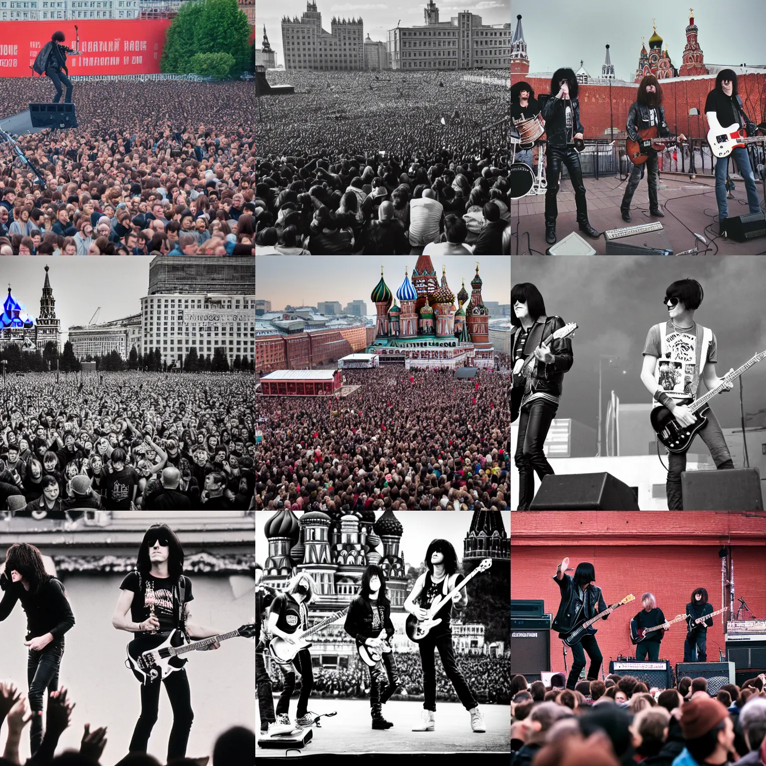 Prompt: the ramones playing a gig on the red square in moscow. 4 k, ultrarealist, 5 5 mm