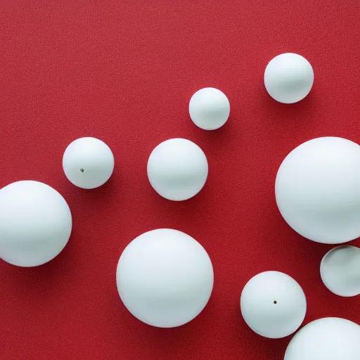 Prompt: porcelain spheres on a red cube