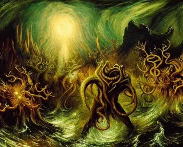 Image similar to an oil painting of cthulhu fighting an army in a forest, intricate, elegant, highly detailed, turner