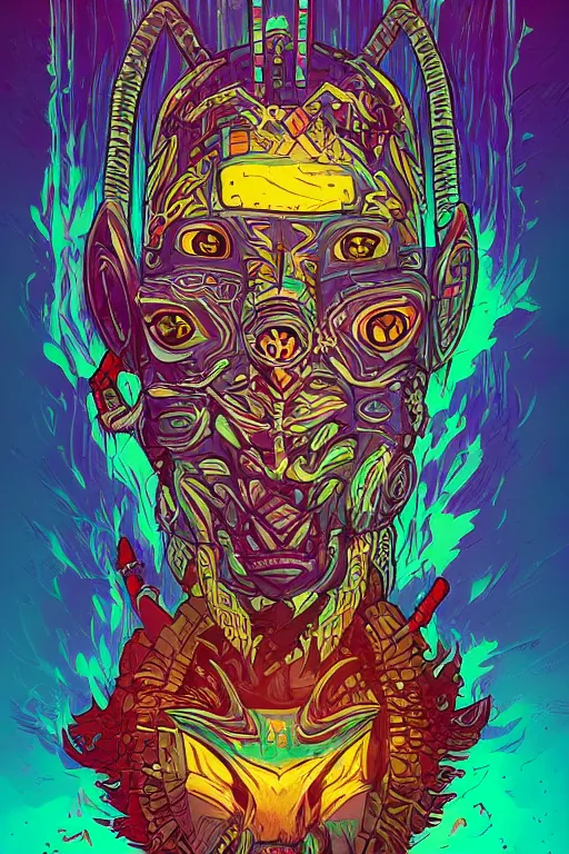 Image similar to totem animal tribal chaman vodoo mask feather gemstone plant wood rock video game illustration vivid color borderlands by josan gonzales and dan mumford radiating a glowing aura