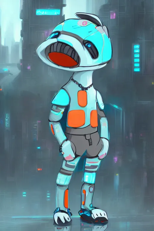 Prompt: a cute male gray turquoise white orange otter fursona wearing futuristic clothes in the streets of cyberpunk city, fantasy, 8 k resolution, hyper detailed, character design, digital painting, trending on artstation, illustration