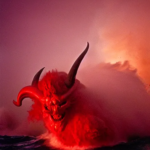 Image similar to a devilish red monster with horns emerging from boiling rough seas, photo by david lachapelle, s - 5 0