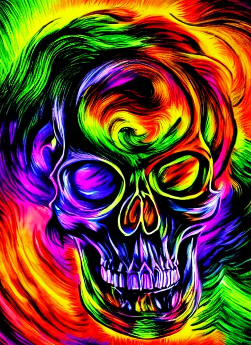 Prompt: psychedelic skull infinite fractal worlds bright neon colors highly detailed cinematic artwork by franz marc