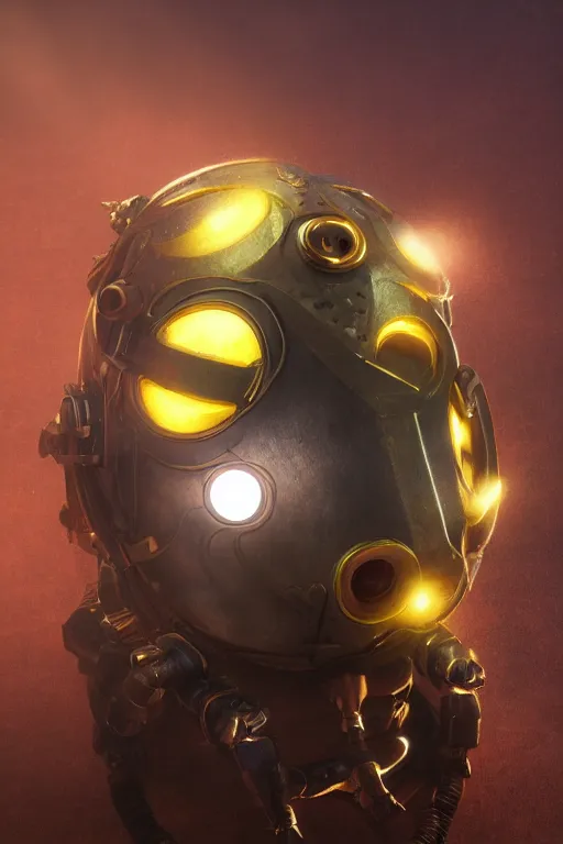 Image similar to steampunk mask minimalist fantasy art robot ninja helmet, global illumination ray tracing hdr fanart arstation by sung choi and eric pfeiffer and gabriel garza and casper konefal radiating a glowing aura