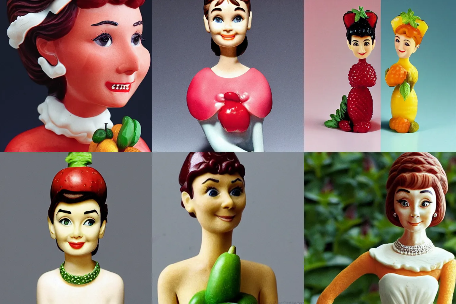 Prompt: fruit and vegetable figurine that looks like audrey hepburn