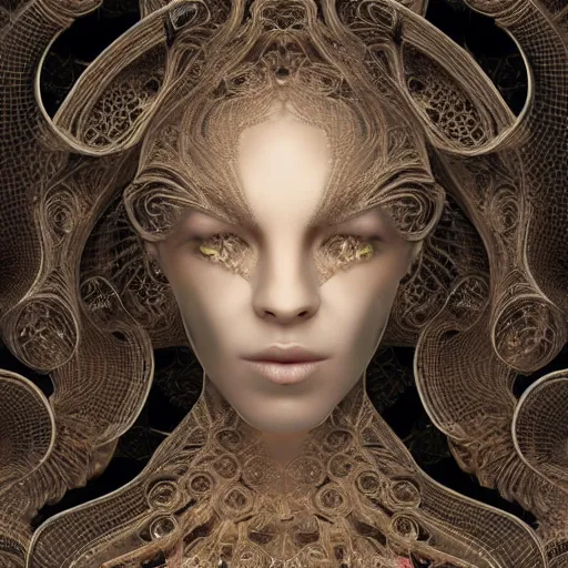 Image similar to beatifull frontal face portrait of a woman, mandelbrot fractal, symmetric, intricate, elegant, highly detailed, ornate, ornament, sculpture, elegant , luxury, beautifully lit, ray trace, octane render in the style of Gerald Brom and peter Gric