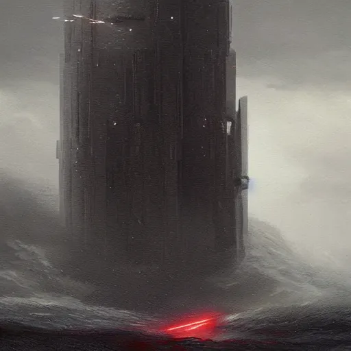 Prompt: star wars concept art by greg rutkowski, a brutalist giant tower in the middle of a raging and stormy ocean, lightning storm and gale force winds, dark environment, dramatic atmosphere, artstation hq.