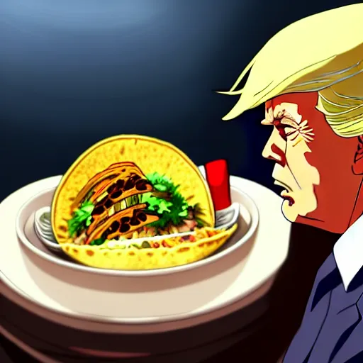 Image similar to beautiful makoto shinkai anime style digital painting portrait of donald trump eating a taco bowl, 4 k, 8 k, hd, high resolution, highly detailed, intricate detail, ultra realistic faces, digital art, trending on artstation, your name, weathering with you