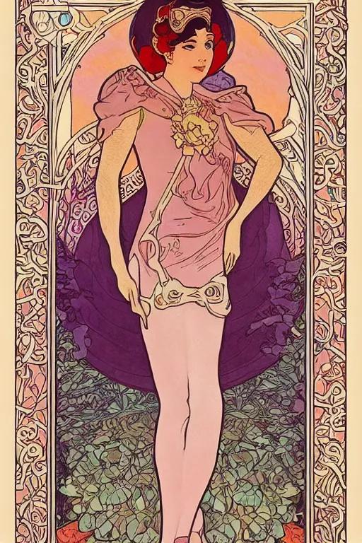 Image similar to full length painting of princess - peach!!!!!!! art nouveau, tarot card by mucha, gaudy colors, sharp edges, intricate line - work.