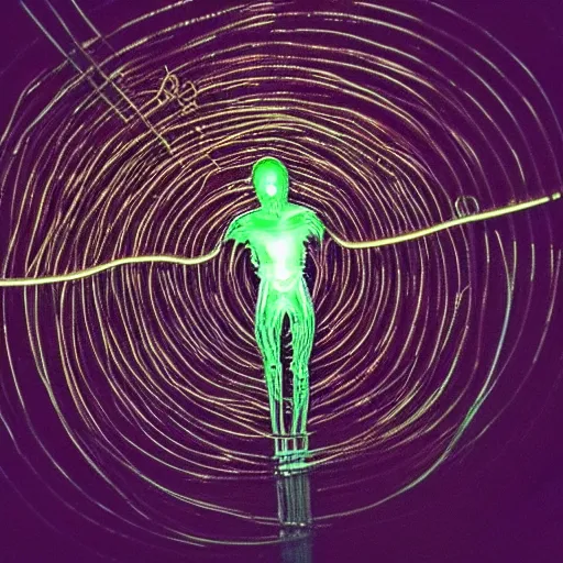 Prompt: “photo of a glowing liquid metal alien figure wrapped in cables and barbed wire standing in the middle of a core field at nighttime, midnight. Flash photo. Cursed image”