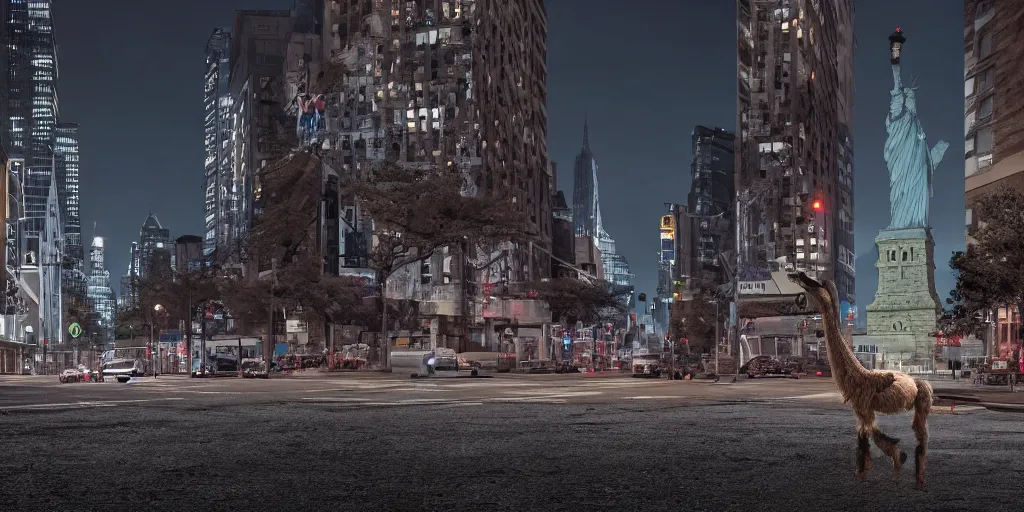 Image similar to a llama walking through a desolate manhattan city street at night, statue of liberty seen in the background, realistic 4 k octane beautifully detailed render, 4 k post - processing, highly detailed, detailed face, intricate complexity, epic composition, magical atmosphere, cinematic lighting, masterpiece, color picture, ultra hd