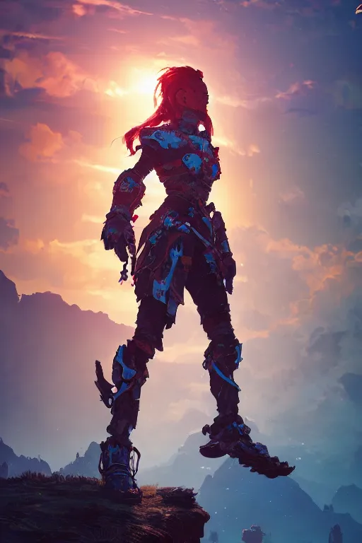 Image similar to combination suit armor aloy horizon forbidden west horizon zero dawn radiating a glowing aura global illumination ray tracing hdr fanart arstation by ian pesty and alena aenami artworks in 4 k tribal robot ninja mask helmet backpack