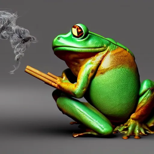 Image similar to a high quality photo of an antropomorphic frog wearing a suit smoking a cigar, 3d scene, render, ultra realistic, artstation, cgsociety