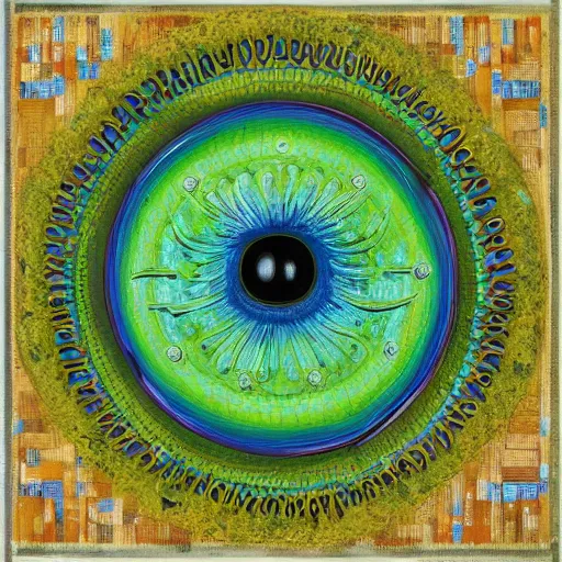 Image similar to A beautiful mixed mediart a large eye that is looking directly at the viewer. The eye is composed of a myriad of colors and patterns, and it is surrounded by smaller eyes. The smaller eyes appear to be in a state of hypnosis, and they are looking in different directions. lawn green by James C. Christensen casual, sad