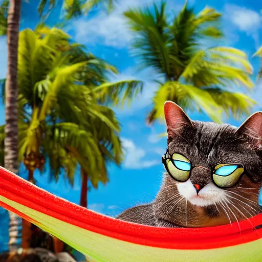 Prompt: cat with sunglasses lounging in a hammock between two palm trees