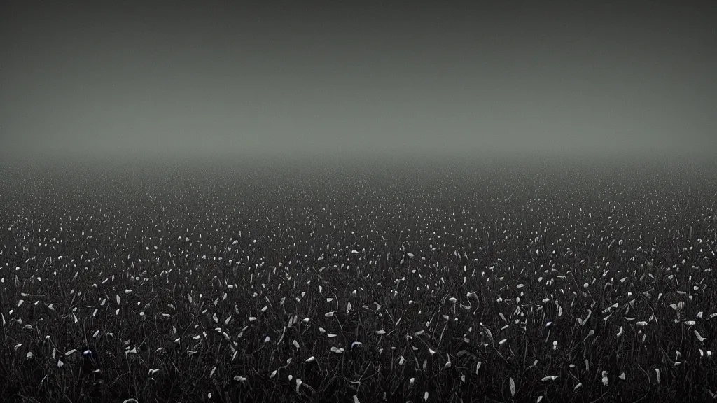 Image similar to a field of skulls, dark, night, foggy, scary, eerie, digital art.