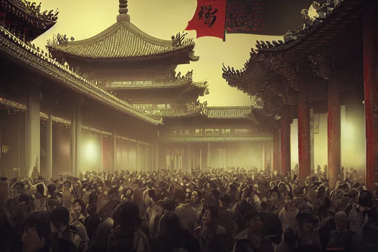 Image similar to crowds of programmers are marching to chinese palace, dark atmosphere, light above palace, digital art, trending on artstation