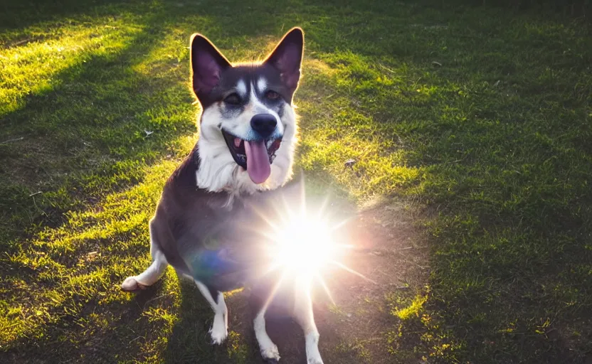 Prompt: portrait of a happy dog, natural light, lens flare