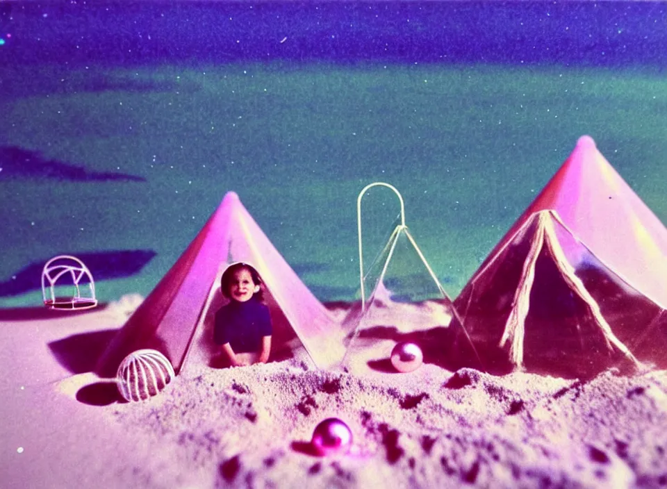 Image similar to a vintage family holiday photo of an empty beach from an alien dreamstate world with chalky pink iridescent!! sand, reflective lavender ocean water, dim bioluminescent plant life and an igloo shaped plastic transparent bell tent surrounded by holiday clutter opposite a pit with an iridescent blue flame flickering. refraction, volumetric, light.