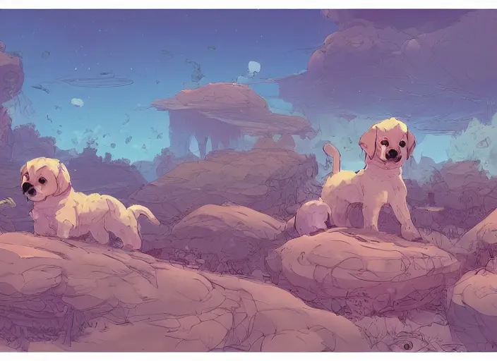 Image similar to concept art of a puppy landscape made of puppies, cel shaded, in the style of makoto shinkai and moebius and peter mohrbacher and anton fadeev