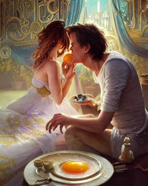 Image similar to kevin bacon eating fried eggs ana de armas serving him his eggs, highly detailed, gold filigree, romantic storybook fantasy, soft cinematic lighting, award, disney concept art watercolor illustration by mandy jurgens and alphonse mucha and alena aenami, pastel color palette, featured on artstation