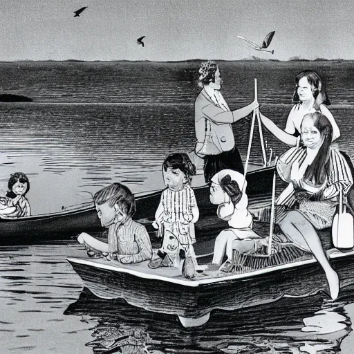 Image similar to The installation art depicts a group of well-dressed women and children enjoying a leisurely boat ride on a calm day. The women are chatting and laughing while the children play with a toy boat in the foreground. children's illustration, 1970s grainy vintage illustration by Tony Oursler, by Georges de La Tour magnificent