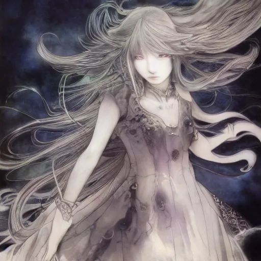 Prompt: yoshitaka amano blurred and dreamy illustration, renaissance oil portrait, realistic anime girl with long wavy white hair fluttering in the wind and black eyes wearing elden ring style armor with engraving, highly detailed, art by moon, abstraction in the background, strange camera angle, three - quarter view, noisy film grain effect, soft light, dark mood