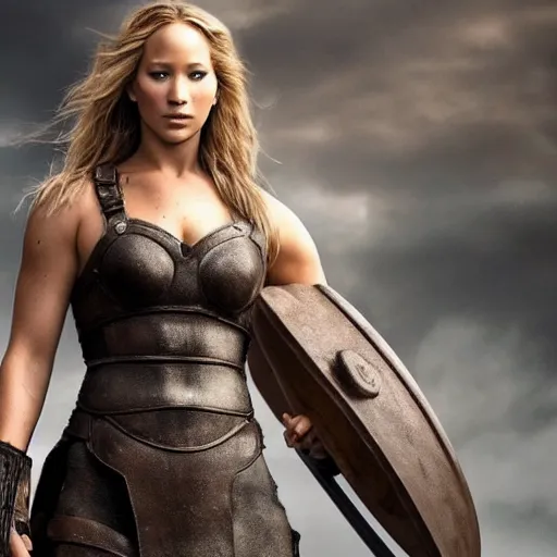 Prompt: first photos of 2 0 2 4 female 3 0 0 remake - muscular jennifer lawrence as leonidas, put on 1 0 0 pounds of muscle, looks different, steroids, hgh, ( eos 5 ds r, iso 1 0 0, f / 8, 1 / 1 2 5, 8 4 mm, postprocessed, crisp face, facial features )