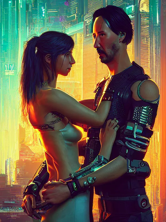 Image similar to a cyberpunk 2077 couple portrait of Keanu Reeves and V ,love story ,film lighting,by laurie greasley,Lawrence Alma-Tadema,William Morris,Dan Mumford,trending on atrstation,full of color,Digital painting,face enhance,highly detailed,8K, octane,golden ratio,cinematic lighting