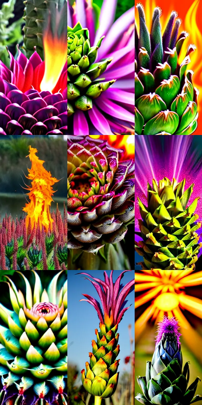 Prompt: A tall artichoke in flower in flames