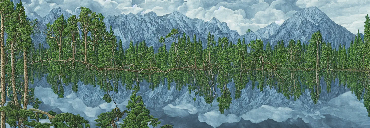 Image similar to escher painting of a lake, big trees reflecting on lake surface, mountains at background, snowy, ultra sharp, ultra detailed, horror emotion, colorized by salvador