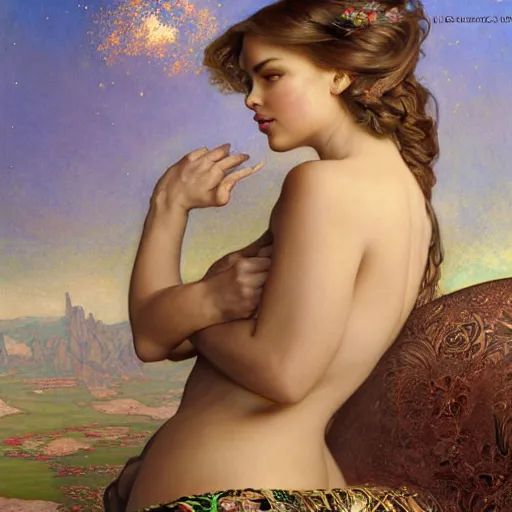 Image similar to Masterpiece painting of Sofia Vergara as a Venus drawn by Donato Giancola and Tom Bagshaw, face by Artgerm and Edmund Leighton, Alphonse Mucha, background by James Jean and Gustav Klimt, 4k, partial robotic body, volumetric Lighting, porcelain skin, komorebi, french nouveau, trending on pixiv