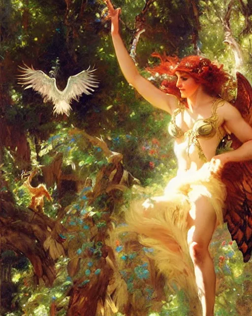 Image similar to griffon emerges from the enchanted forest, painting by gaston bussiere, craig mullins, j. c. leyendecker