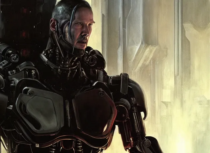 Image similar to keanu reeves as victor stone, full body concept, cyborg, borg, strogg, face of a man, terminator, flesh, quake strogg, doom demon, wolfenstein, monstrous, powerful, symmetry, symmetrical, concept art by ruan jia and greg rutkowski