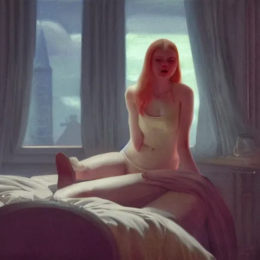 Image similar to a vampire Elle Fanning draining her victim in the world of Edward Hopper, stormy weather, extremely detailed masterpiece, oil on canvas, low-key neon lighting, artstation, Blade Runner 2049, Roger Deakin’s cinematography, by J. C. Leyendecker and Peter Paul Rubens,