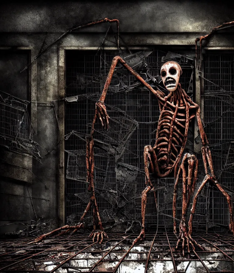 Image similar to Creepy huge suffering humanoid with long limbs sits on the floor and looks at the little old TV. An underground very dark gloomy multi-layered structure of rusty thick iron grates, dense chain-link fencing and peeling walls. Inside view, collapsed floors, bent rusted iron, masterpiece, black background, corners, cinematic, hyperdetailed, photorealistic, hyperrealism, octane render, 8k, depth of field, bokeh, architecture, shadows, art by Zdzisław Beksiński, Dariusz Zawadzki