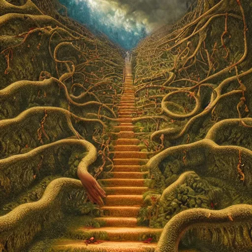 Image similar to intricate stunning highly detailed illustration of the inca lost city of gold, 🌱, by agostino arrivabene and vladimir kush, blood rivers running through stairs, surreal, digital painting, ultra realistic, dramatic lighting, twisted vines, lush plants, gold, inca, pristine water, artstation