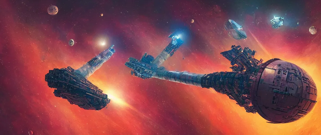 Prompt: tiny spaceship!!, deep space exploration!!!, flying, the expanse tv series, industrial design, the final frontier, illustrative!!, punk, space pirate, painterly, hyperdetailed, hyperrealistic, utilitarian cargo ship, cinematic lighting, 4k, wide angle, beksinski, (neon colors)