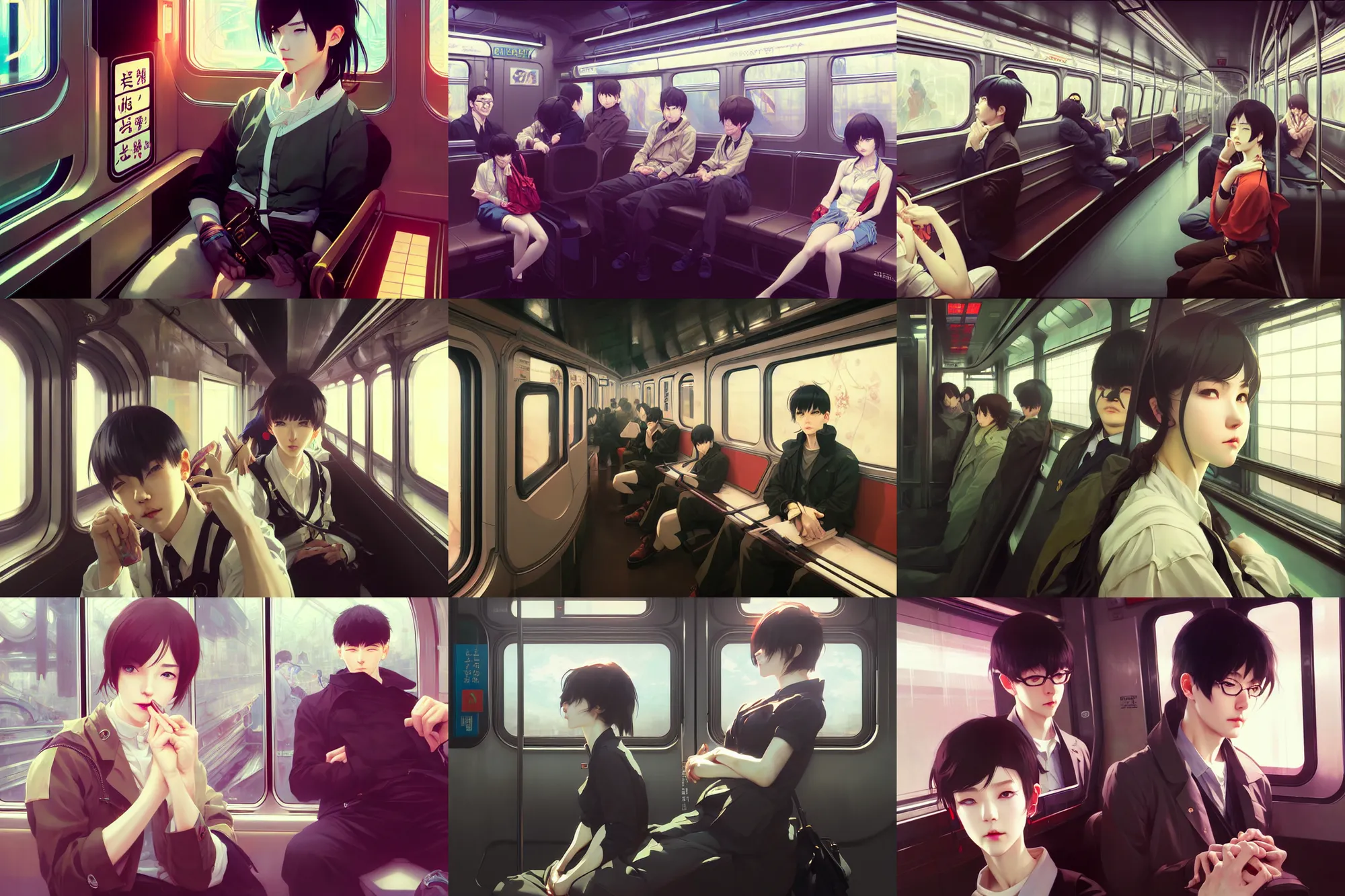 Prompt: hyper - realistic portrait of beautiful! subway car interior, extreme detail, in style of ilya kuvshinov, pan ren wei, mansik yang, yoji shinkawa, atey ghailan, greg rutkowski, lin hsiang, yuxiang chen, alphonse mucha, anime aesthetic