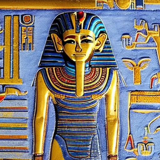 Prompt: photo of Egyptian pharaoh use the mobile phone